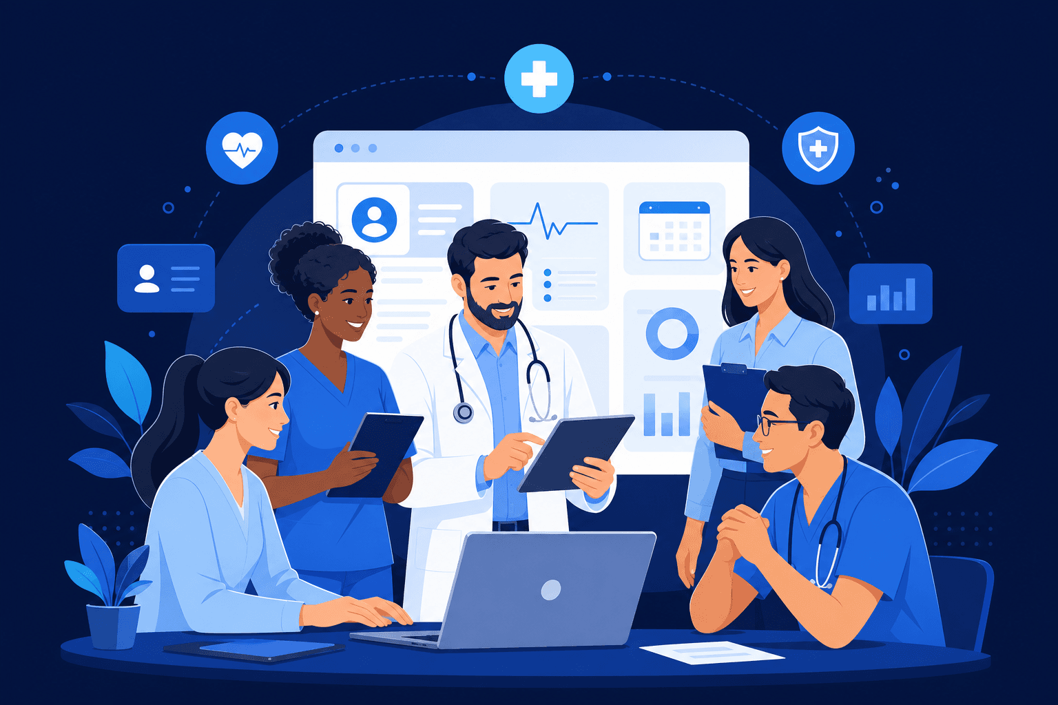 Equipe de saúde colaborando com tecnologia para gestão de clínicas